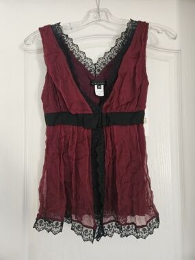 Burgundy and Black Lace Trim Babydoll Top